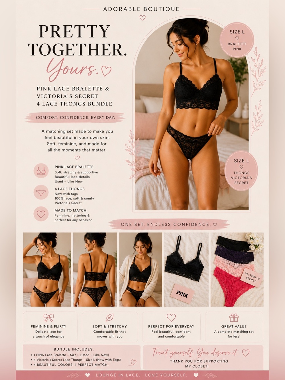 PINK Lace Bralette + Victoria’s Secret Lace Thong Bundle | size L